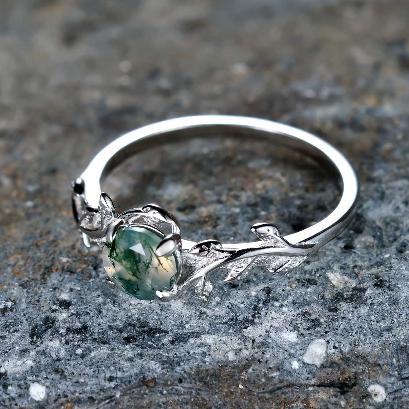 925 Silver Green Agate Leaf Ring Wedding Gift